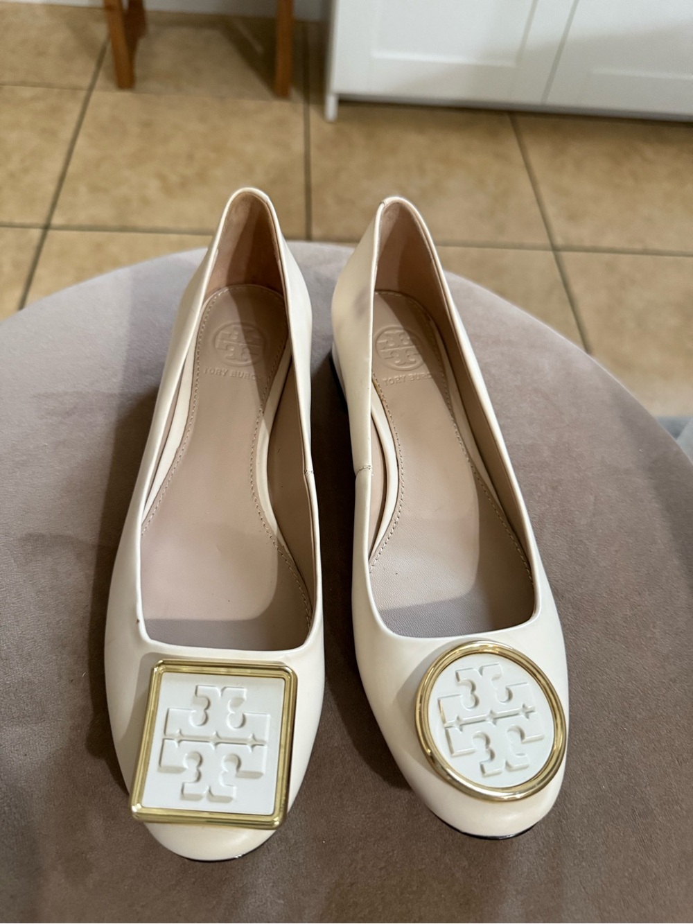 Tory Burch Ivory Leather Logo Ballet Flats with Gold Accents